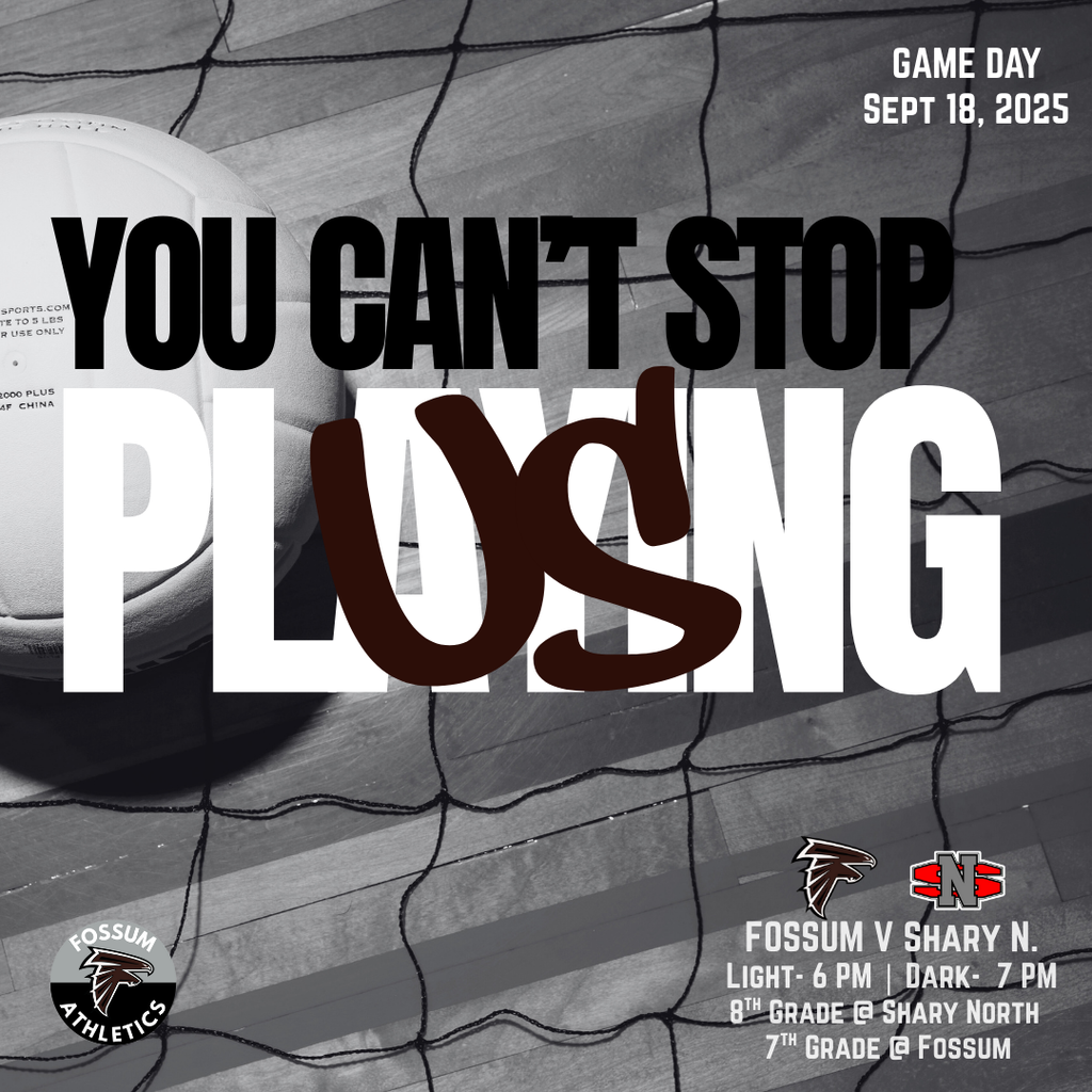 Graphic showing Fossum Middle School upcoming volleyball games with Falcon logo and school colors.