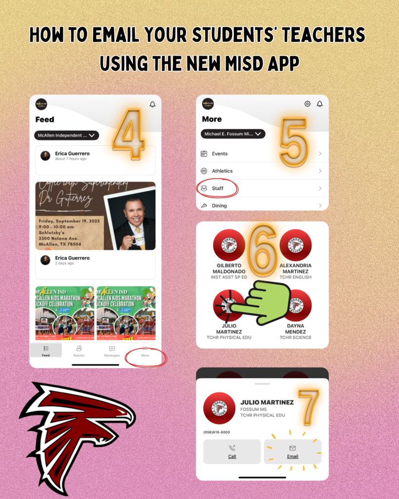 graphic showing how to email students parents using mcallen isd app