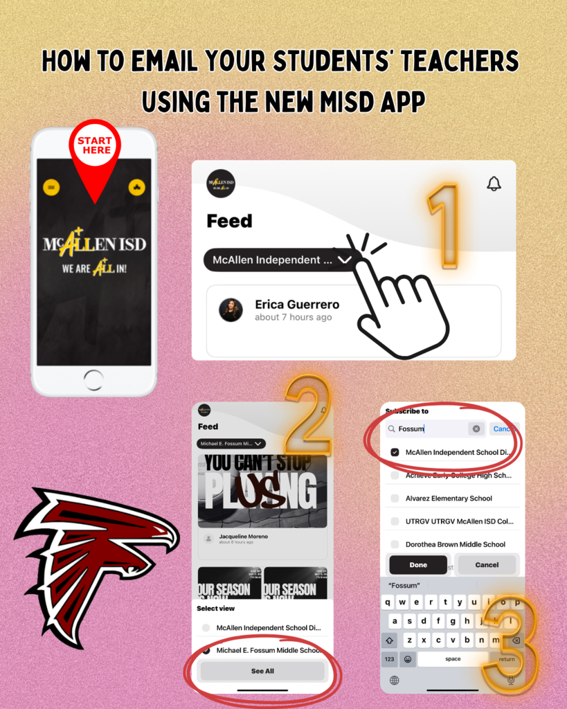graphic showing how to email students parents using mcallen isd app