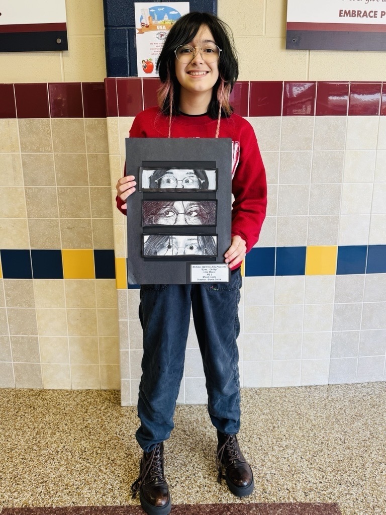 🎨👏 Big congratulations to our talented 8th grade Falcon artist, Lilia Moore! 🦅❤️🖤  Her piece, “Eyes…Oh My”—a stunning work created using three different mediums—was selected for the 2025 Texas Art Education Association’s Exhibition. 🌟  The exhibition was displayed at the George R. Brown Convention Center in Houston from September 11–14, 2025.  We are so proud of Lilia for representing Fossum with her creativity and skill! 🖌️✨