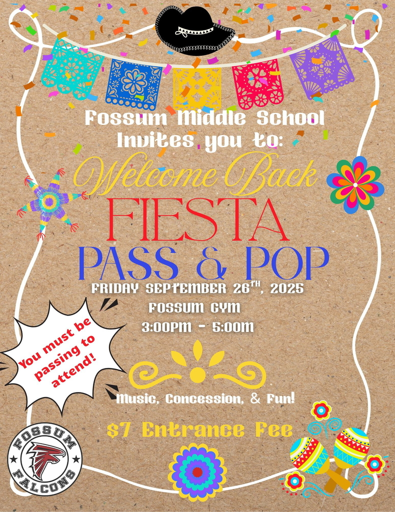 🦅 Falcons, the wait is nearly over—our first dance of the school year is almost here! 🎶✨  Join us for Welcome Back Fiesta: Pass & Pop as we celebrate the students who are passing their classes and soaring high with Falcon pride! ❤️🖤  📅 Friday, September 26th 🕒 3:00–5:00 PM | Fossum Gym 🍕Tickets will be sold during lunches  Wednesday and Thursday 🎟️ $7 CASH only ⚠️ Students must be passing to attend  Let’s kick off the year with music, concessions, fun, and plenty of Falcon spirit! 🎉