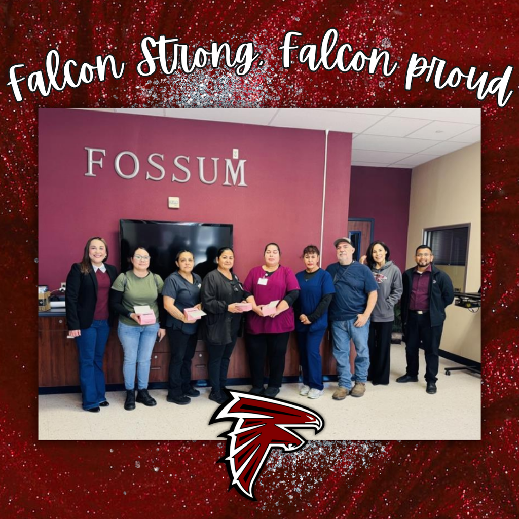 Photo of Fossum Middle School custodial staff and administrators standing together holding gifts. Caption celebrates Custodian Appreciation Day and thanks them for their hard work in keeping the school clean, safe, and welcoming