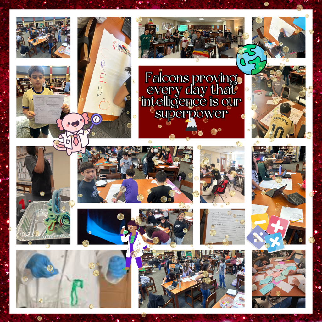 Collage of Fossum Middle School students participating in science and math activities in the library. Students are experimenting, collaborating, and creating projects at tables. Text in the center reads: “Falcons proving every day that intelligence is our superpower,” surrounded by fun science and math-themed graphics.