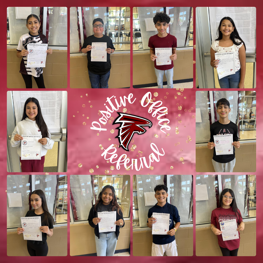 Collage of Fossum Middle School students holding their Positive Office Referral certificates. The center features the Fossum Falcon logo with text reading “Positive Office Referral” on a red background with gold sparkles. The students are smiling and proudly showing their recognition papers.