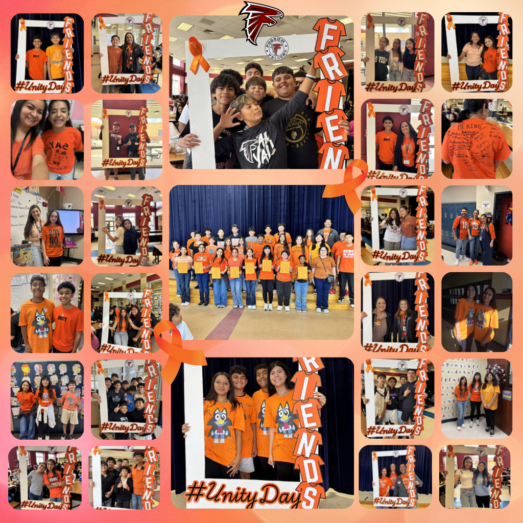 Collage of Fossum Middle School students and staff wearing orange shirts for Unity Day. Many hold photo frames labeled “Friends” and “#UnityDay.” The center image shows a large group of students posing together on stage, celebrating friendship and kindness.