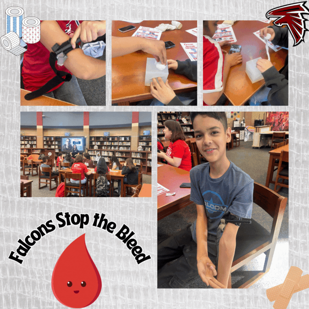 Collage of Fossum Middle School students participating in a “Stop the Bleed” training in the library. Photos show students practicing with tourniquets and medical gauze, listening to an instructor, and smiling after completing the activity. The text reads “Falcons Stop the Bleed” with a red blood drop and the Fossum Falcons logo.