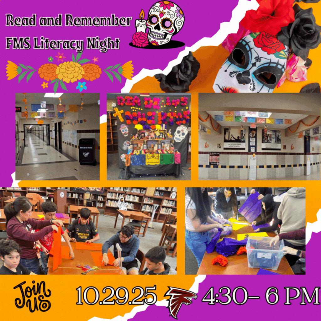 Flyer promoting Fossum Middle School’s Literacy Night “Read & Remember.” The caption highlights the collaborative Día de los Muertos displays by Mrs. Robles’s Spanish classes (ofrenda), Mrs. Palomo’s students (decorations outside the library), and Mrs. Vargas’s dual language classes (alebrijes and poetry odes). The event invites families to enjoy crafts, culture, and student work on Oct. 29, from 4:30–6 PM in the library.