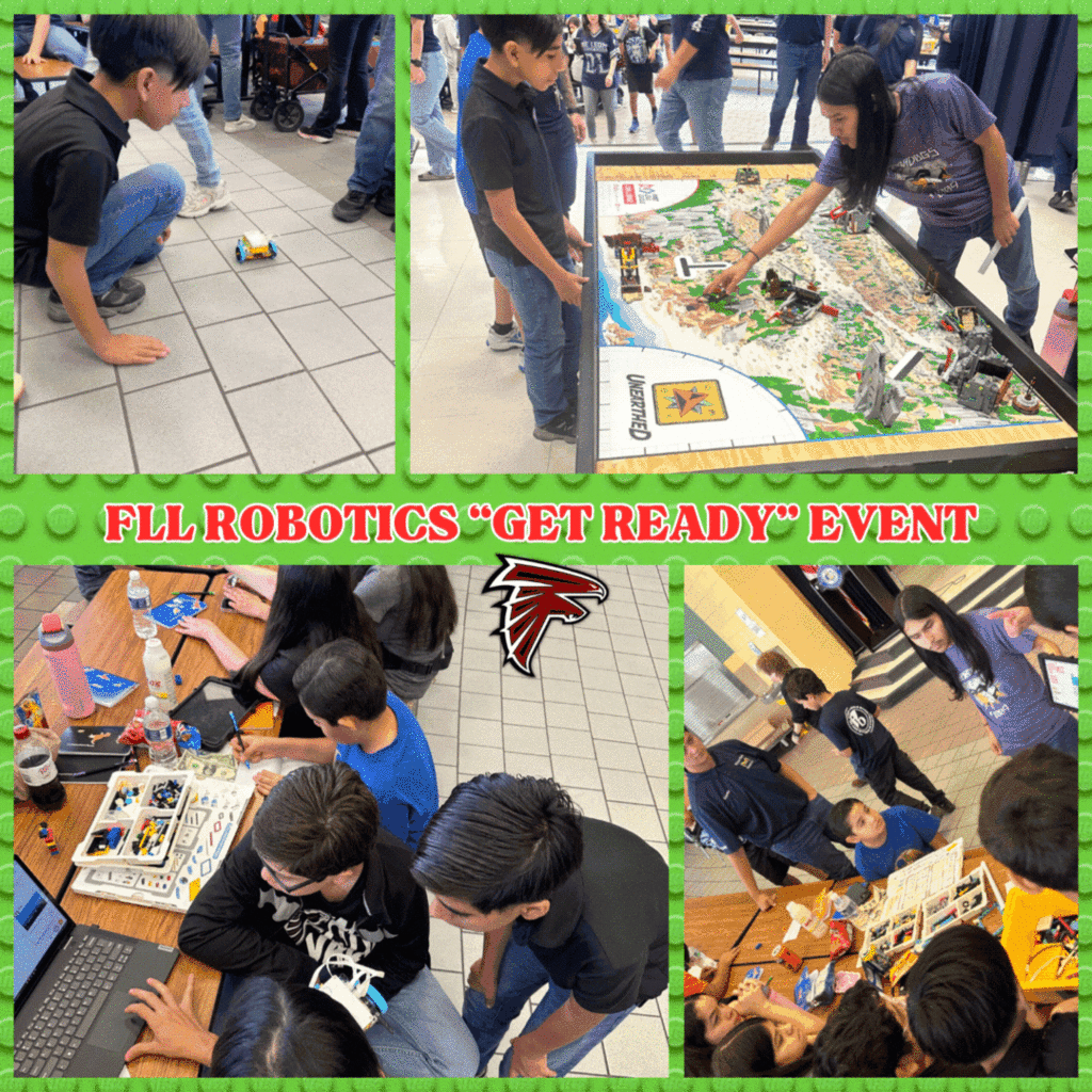Fossum Middle School LEGO Robotics students working alongside high school mentors during the CTE “Get Ready” event. Students are coding, testing robot builds, and practicing presentations in preparation for the FIRST LEGO League competition. The caption celebrates their dedication to STEM and thanks CTE mentors and coaches for their support.