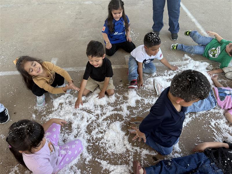 Students playing with snow.