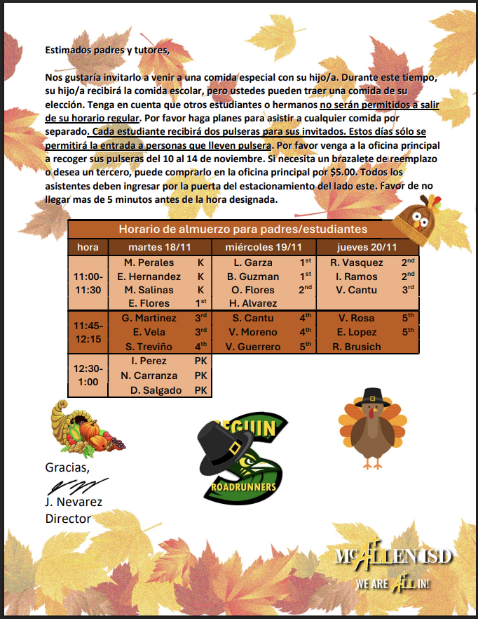 Spanish: Horario de almuerzo para padres/estudiantes