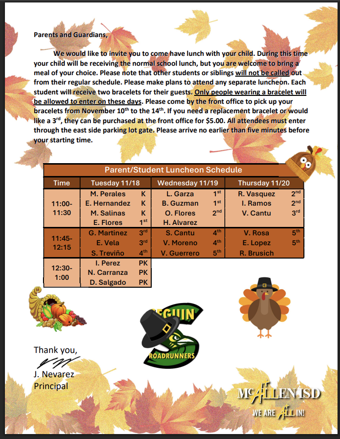 English: Parent/Student Luncheon Schedule