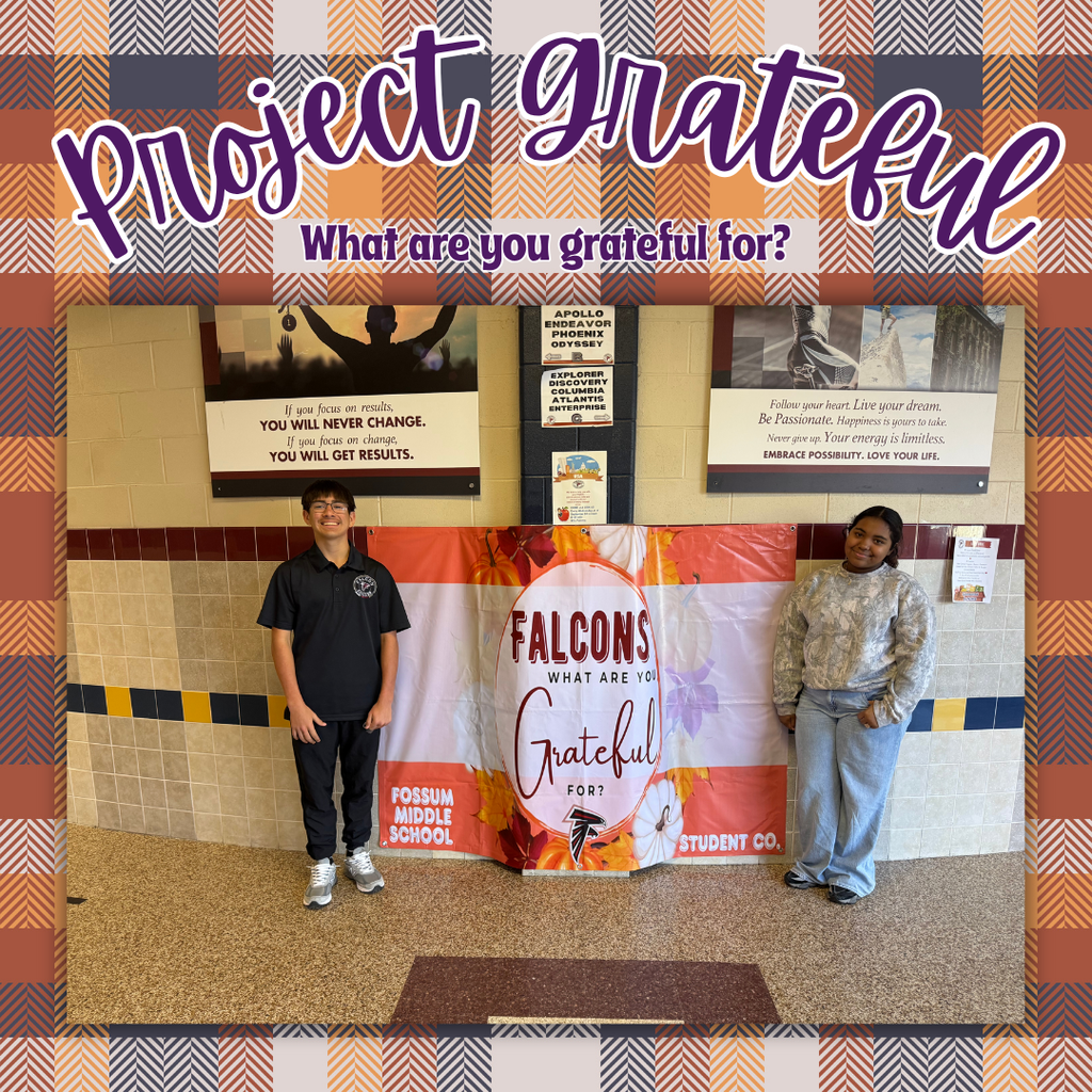 Two Fossum Middle School students stand beside a fall-themed banner reading “Falcons, What Are You Grateful For?” with pumpkins and leaves around the border. The display encourages students to add leaves or turkeys for every donation.