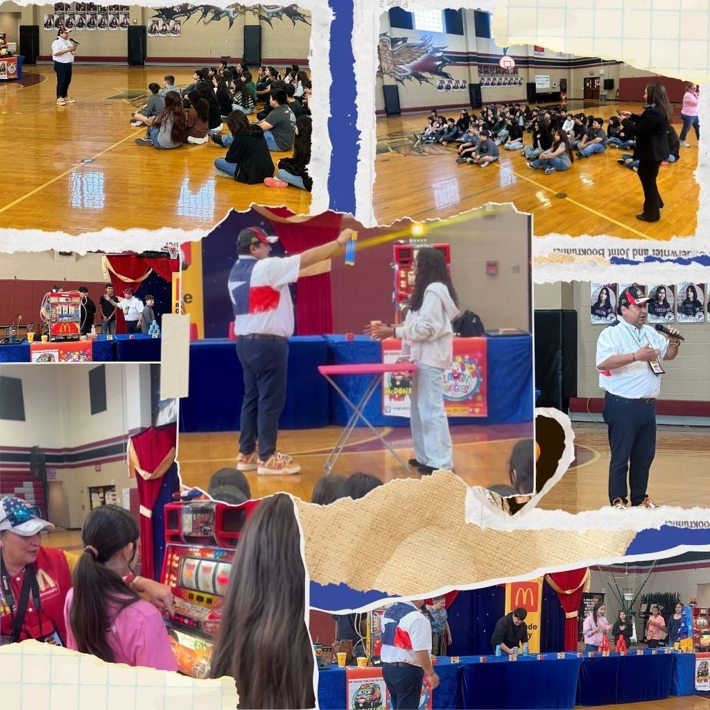 “Collage of students and McDonald’s Fun Ambassador presenters in the Fossum gym participating in games, demonstrations, and prize activities.”