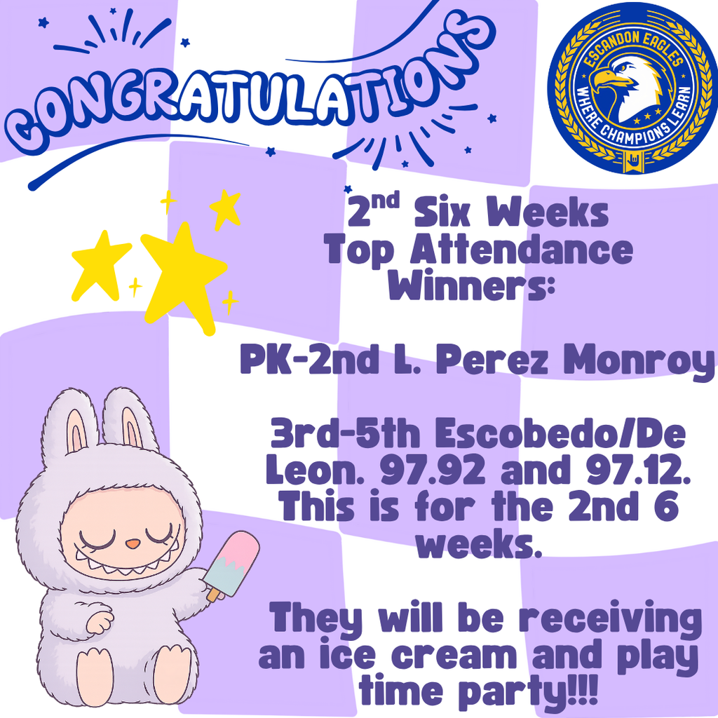 Purple and white checkered background with school logo. Doll holding ice cream. Text.