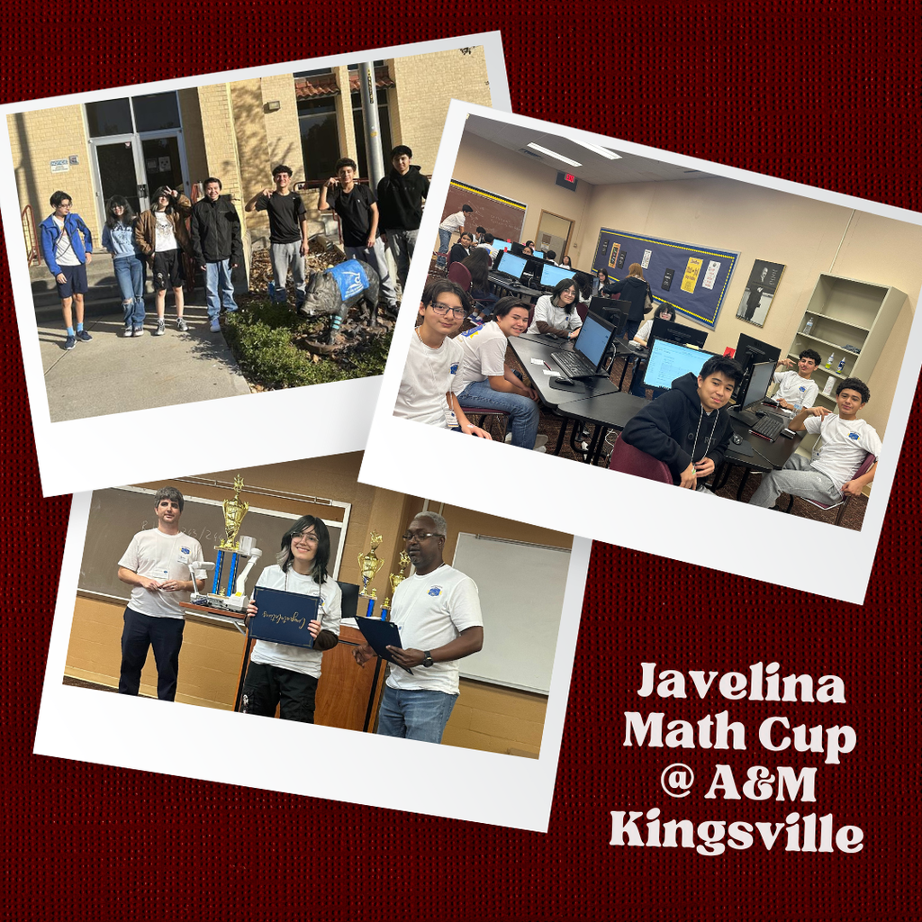 “Collage of Fossum students at the Javelina Math Cup in Kingsville—group photo outside, students working at computers, and award ceremony with trophies.”