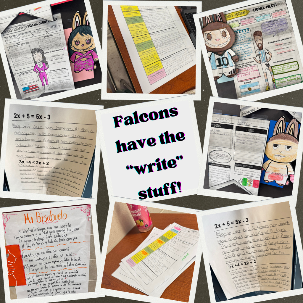 “Collage of student writing and illustrated assignments with the text ‘Falcons have the write stuff!’ in the center.”