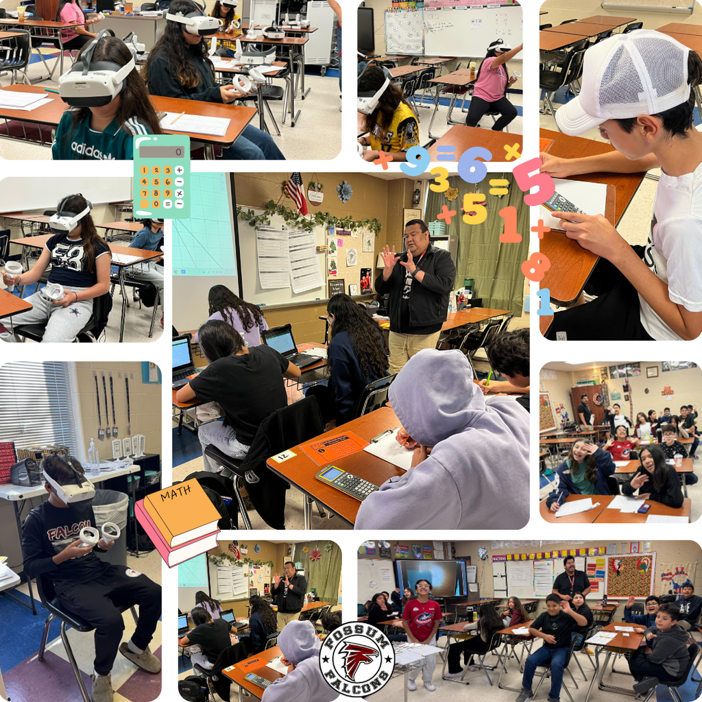 “Collage of students in math class using VR headsets, calculators, and laptops, with teachers guiding lessons and the Fossum Falcons logo at the center.”