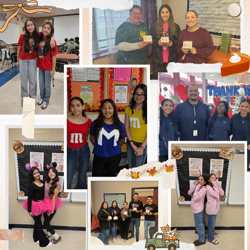 “Collage of Fossum students and staff in themed outfits—twin day, M&M costumes, spirit wear—and teachers holding treats during fall festivities.”