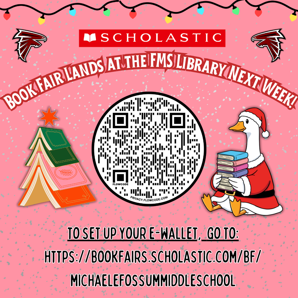 “Scholastic book fair flyer with QR code, festive lights, Falcon logos, a book-tree graphic, and a goose in a Santa suit holding books.”