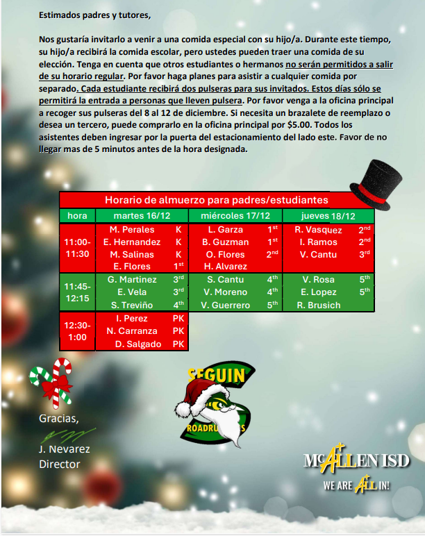 Horario de almuerzo para padres/estudiantes