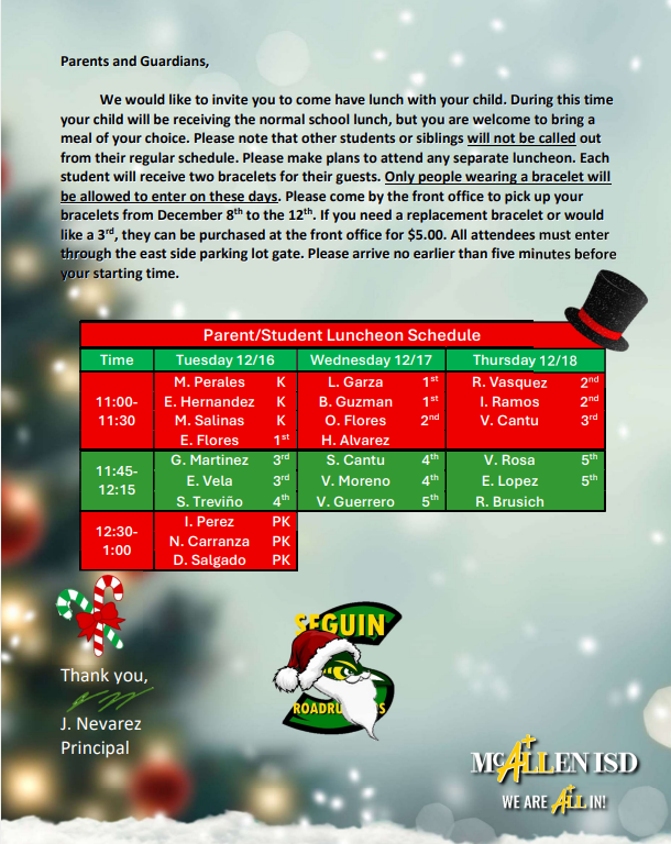 Parent/Student Luncheon Schedule 