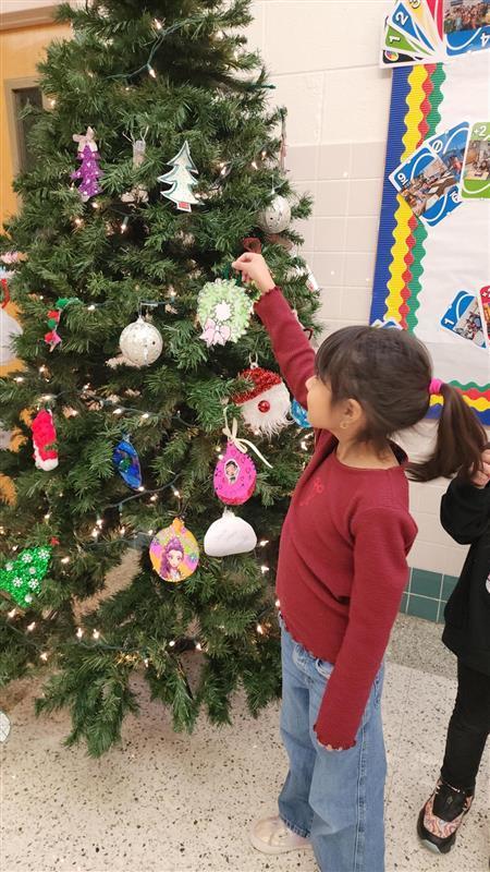 Student placing ornament on Christmas tree.