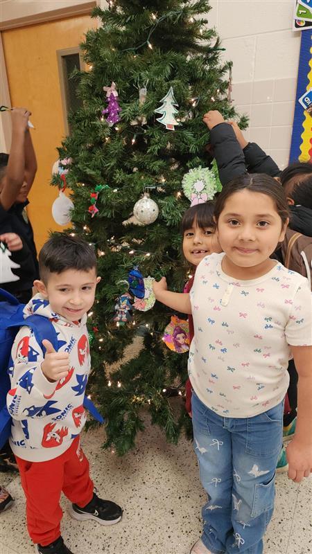 Student posing in front of Christmas tree.