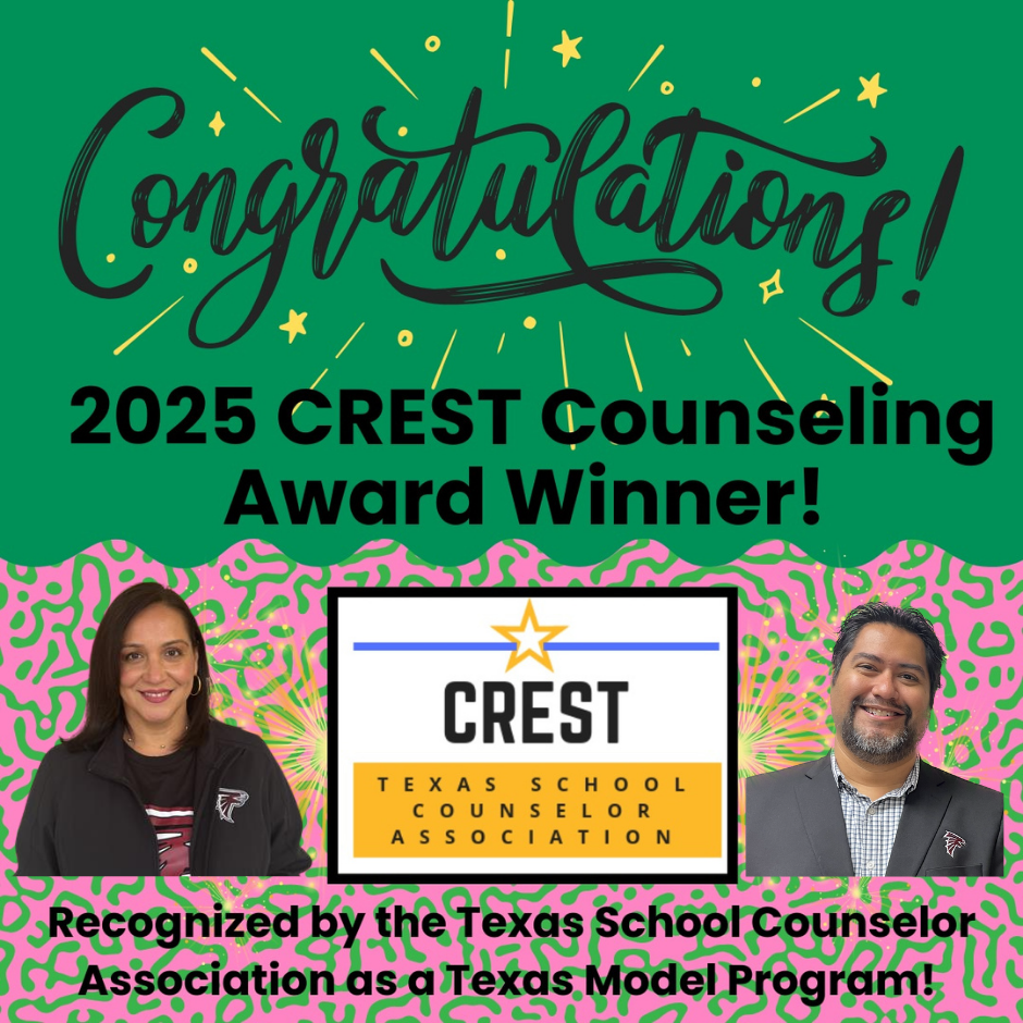 Graphic announcing “Congratulations! 2025 CREST Counseling Award Winner!” on a green background with celebratory starburst lines. Below, photos of two Fossum Middle School counselors—Mrs. Garza on the left and Mr. Cavazos on the right—sit beside the CREST (Texas School Counselor Association) logo. Colorful abstract pink-and-green patterns decorate the background, and text reads: “Recognized by the Texas School Counselor Association as a Texas Model Program!”