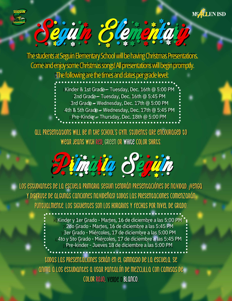 Seguin Elementary Christmas Concert Schedule 2025-2026