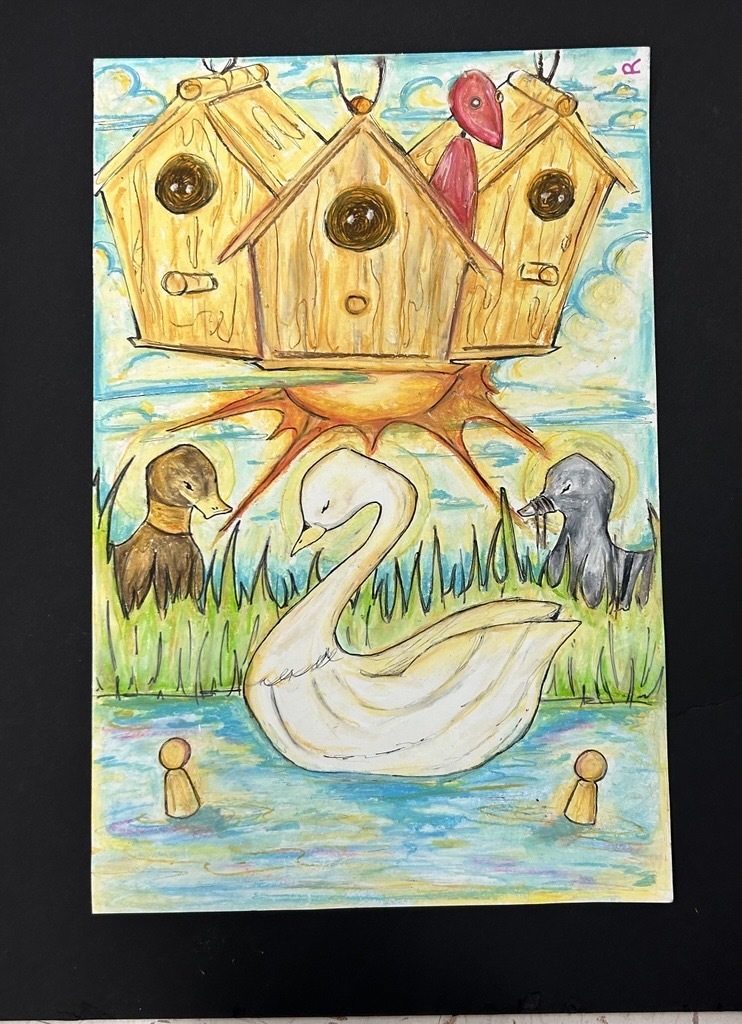 “Student artwork of a swan in a pond with ducks, tall grass, and wooden birdhouses above against a bright sky.”