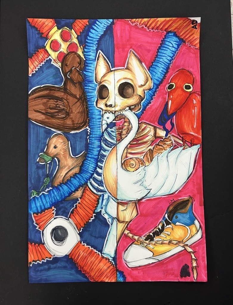 “Colorful student artwork featuring a split skeletal animal figure, ducks, a red bird, and a sneaker against bold blue and pink backgrounds.”