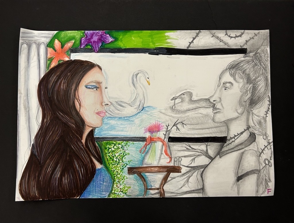 “Student artwork showing a color portrait of a woman on the left and a grayscale portrait on the right, separated by scenes of swans and symbolic imagery.”