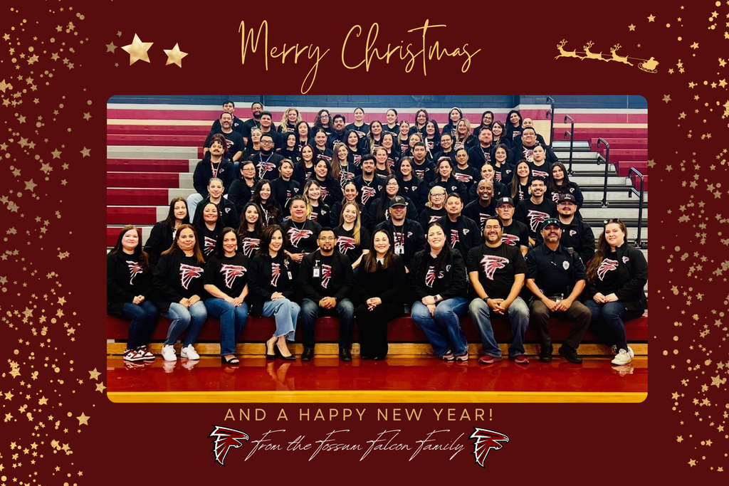 Group photo of Fossum Middle School staff wearing black Falcon shirts, seated and standing on gym bleachers. Festive red and gold border with the text “Merry Christmas” at the top and “And a Happy New Year from the Fossum Falcon Family” at the bottom.