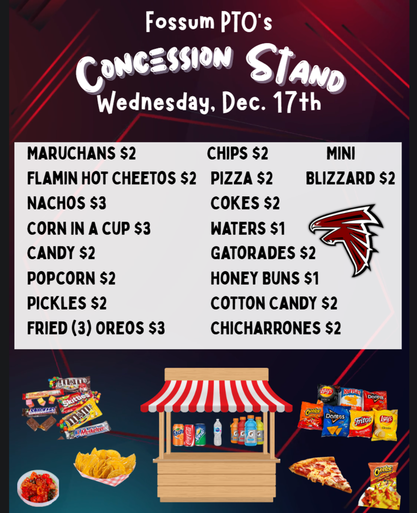 “Fossum PTO concession stand flyer listing snacks and prices for Wednesday, December 17, with Falcon logo and concession graphics.”