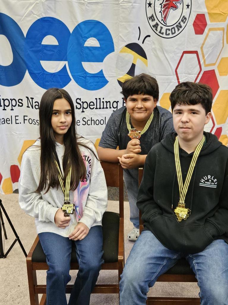 Congratulations to our outstanding Falcons for an amazing showing at the campus spelling bee!  🥇 1st Place: Diego Mancera – 8th Grade 🥈 2nd Place / Alternate: Estefany Lopez Jaimes – 6th Grade 🥉 3rd Place: Jerryd Lee Garza – 6th Grade  👏 A huge shout-out to all of our spelling bee contestants who stepped up, studied hard, and gave it their best. Your effort, courage, and determination truly shined!  We are so proud of everyone who participated and represented Fossum Middle School with confidence and perseverance. 🦅✨