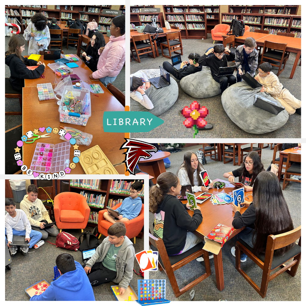 Collage of photos showing 6th grade students at Fossum Middle School participating in a makerspace celebration in the library. Students are seated at tables and bean bags working with craft materials, playing board games, and using Chromebooks, surrounded by bookshelves and library furniture in a relaxed, collaborative environment.