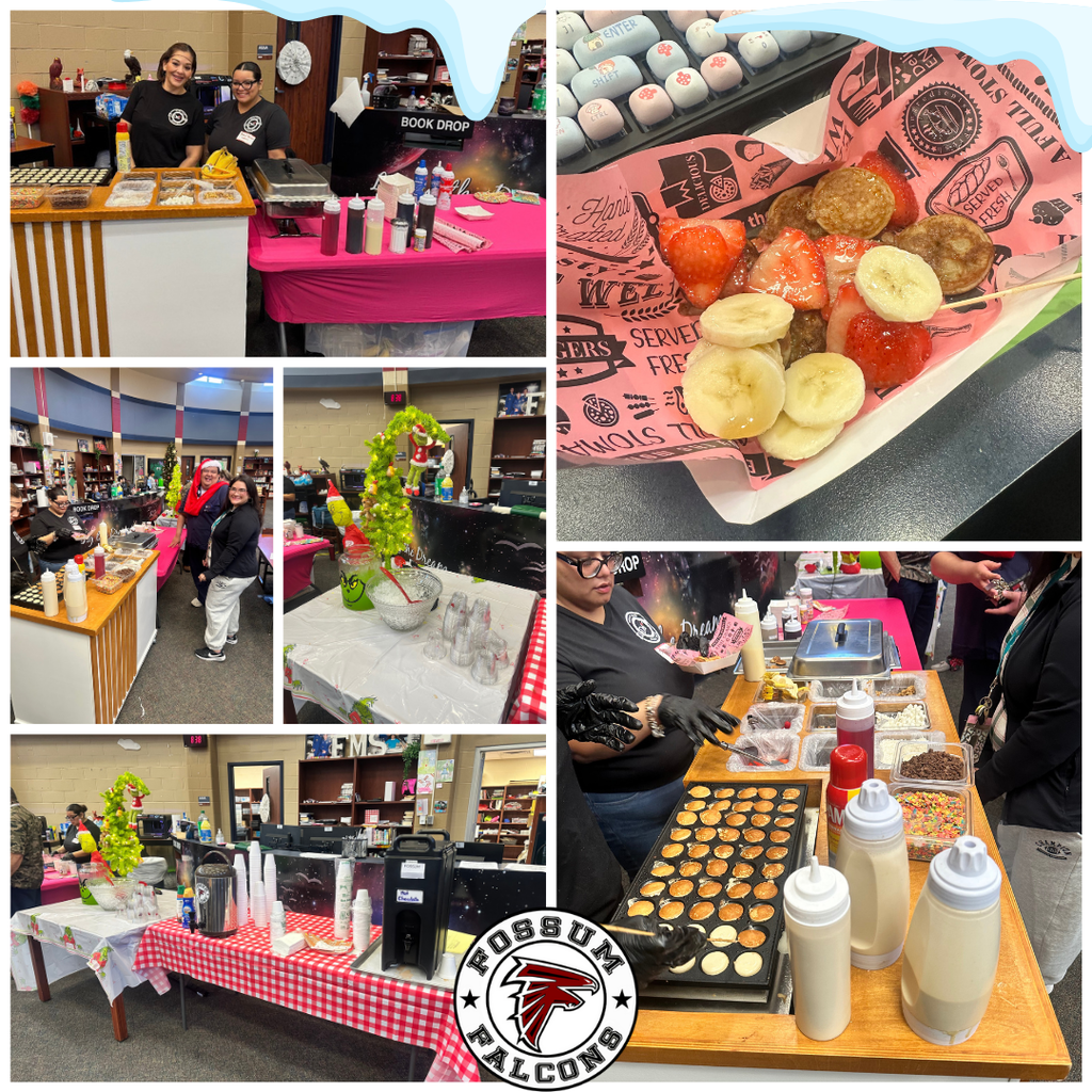 A collage of photos showing a festive pancake breakfast set up in the Fossum Middle School library. Images include staff members smiling behind serving tables, pancake batter cooking on a griddle, toppings like strawberries and bananas, decorated tables with holiday décor, and a prepared plate of pancakes. A Fossum Falcons logo appears in the collage.