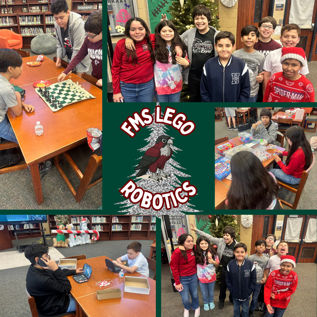 “Collage of Fossum Middle School LEGO Robotics students playing chess, building with LEGO kits, and posing together in the library with an FMS LEGO Robotics logo.”