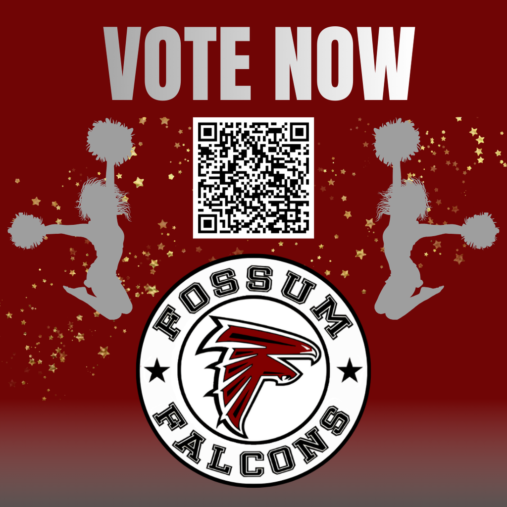 “Red ‘Vote Now’ graphic featuring a central QR code, gold star accents, silhouetted cheerleaders, and the Fossum Falcons logo at the bottom, encouraging viewers to scan and vote.”