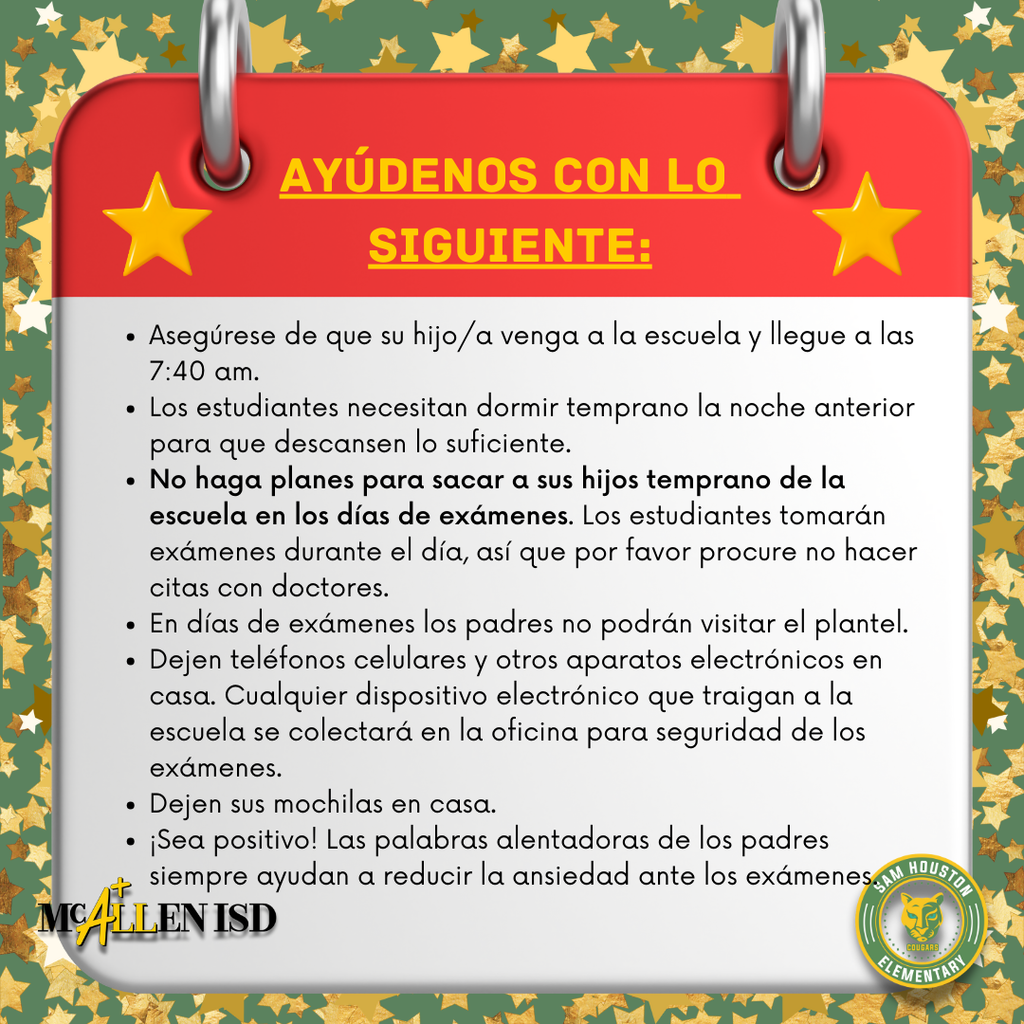 District Benchmark Reminders in Spanish