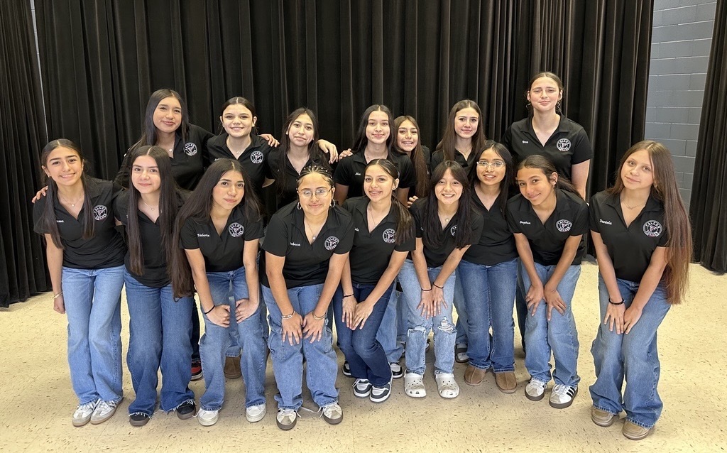 Photo of 8th grade Lady Falcons soccer team in front of black curtain.