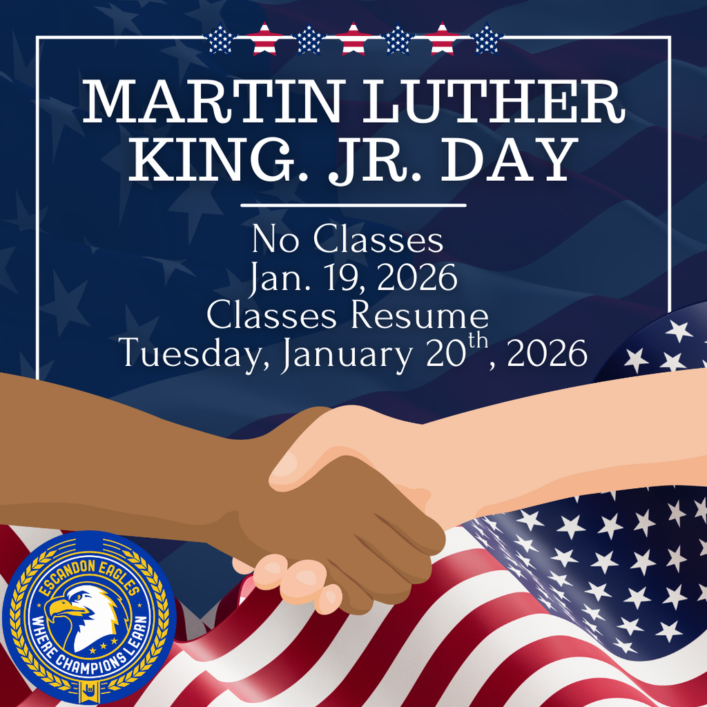 MLK Day no classes Monday Jan. 19, 2026 white text on blue flag background. Two hands shake in front of image. 