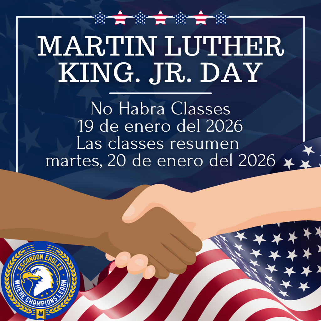 MLK Day no classes Monday Jan. 19, 2026 white text on blue flag background. Two hands shake in front of image. 