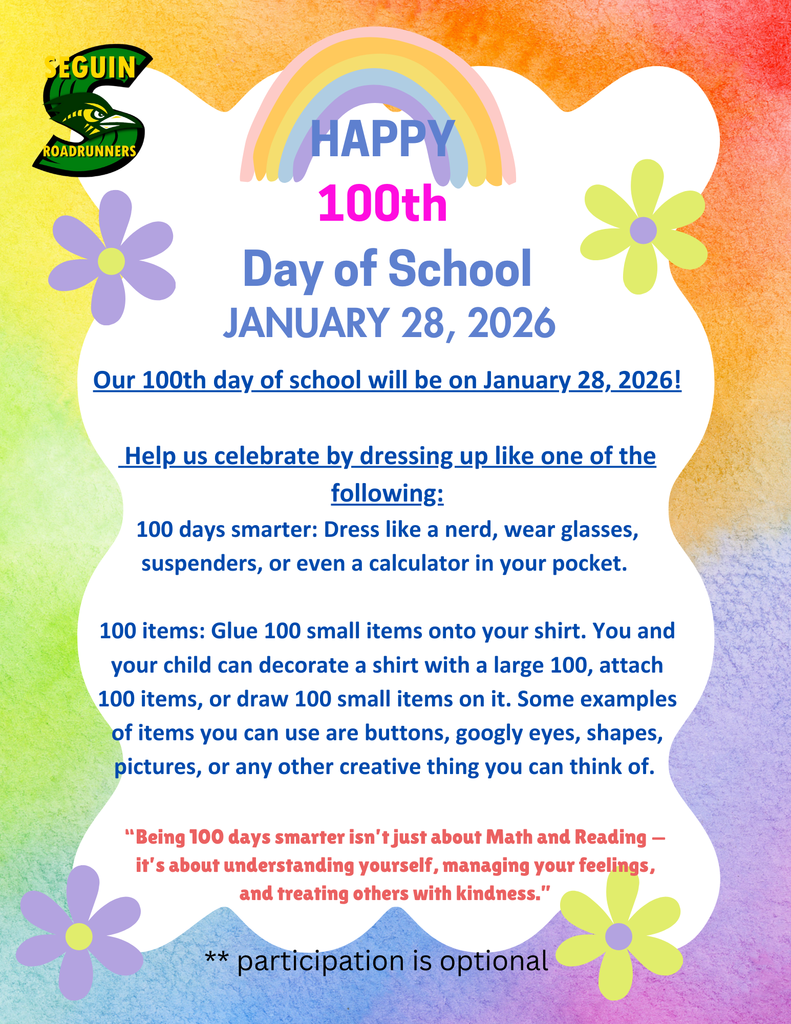 Happy 100th Day of School January 28, 2026 Our 100th day of school will be on January 28, 2026 Help us celebrate by dressing up like one of the following: 100 days smarter: Dress like a nerd, wear glasses, suspenders, or even a calculator in your pocket. 100 items: Glue 100 small items onto your shirt. You and your child can decorate a shirt with a large 100, attach 100 items, or draw 100 small items on it. Some examples of items you can use are buttons, googly eyes, shapes, pictures, or any other creative thing you can think of. "Being 100 days smarter isn't just about Math and Reading -- it's about understanding yourself, managing your feelings, and treating others with kindness." Participation is optional