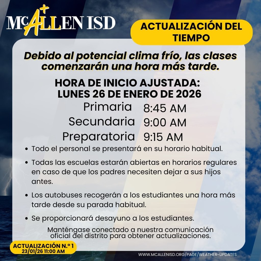 Weather update graphic announcing a one-hour delayed start due to cold weather. For Fossum Middle School, the adjusted start time is 9:00 AM on Monday, January 26, 2026. The graphic includes district branding and weather-themed visuals.