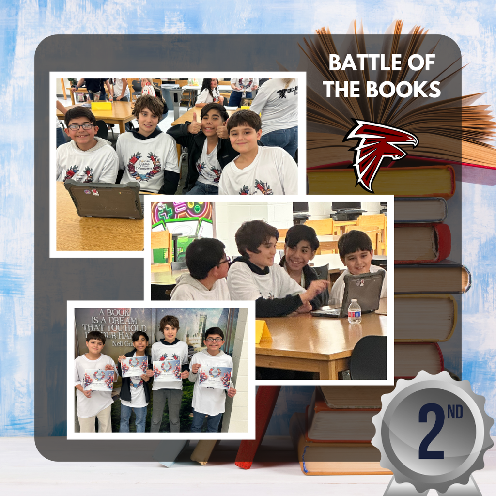 Collage of Fossum Middle School students participating in Battle of the Books. Students wearing matching team shirts sit together in the library, smiling, working on laptops, and holding certificates. A graphic on the image reads “Battle of the Books” with the Fossum falcon logo and a silver badge indicating 2nd place.