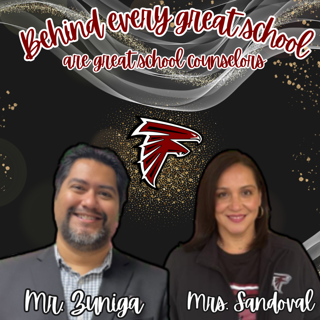 Graphic celebrating National School Counseling Week featuring Fossum Middle School counselors Mr. Zuniga and Mrs. Sandoval. Both are smiling in professional attire with the Fossum falcon logo centered between them and text reading, “Behind every great school are great school counselors.”