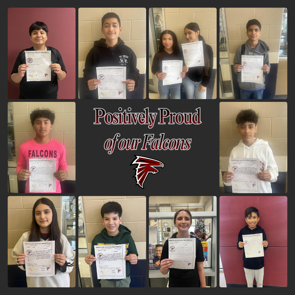 Collage of Fossum Middle School students standing indoors and holding Positive Office Referral certificates. Students are smiling proudly in individual photos arranged in a grid. Text on the collage reads “Positively Proud of our Falcons,” with the Fossum falcon logo centered, highlighting students recognized for positive behavior and character.