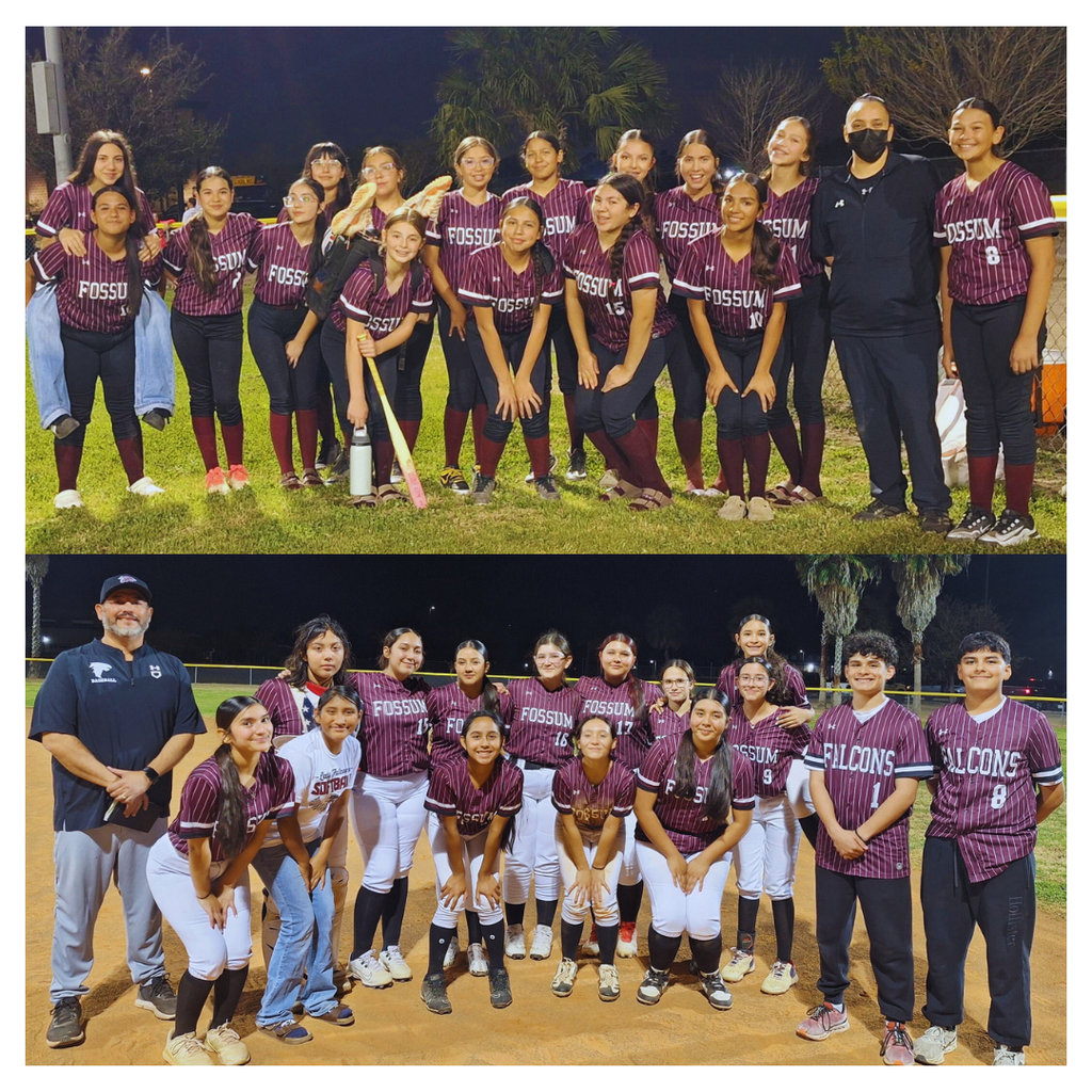 “Two team photos of Fossum softball players in maroon jerseys posing on the field at night with coaches. Top photo shows one team on grass; bottom photo shows another team on the infield dirt, smiling together after a game.”