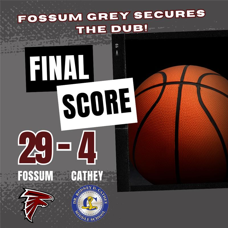“Basketball graphic announcing Fossum Grey’s win over Cathey with a final score of 29–4, featuring a large basketball image and both schools’ logos.”